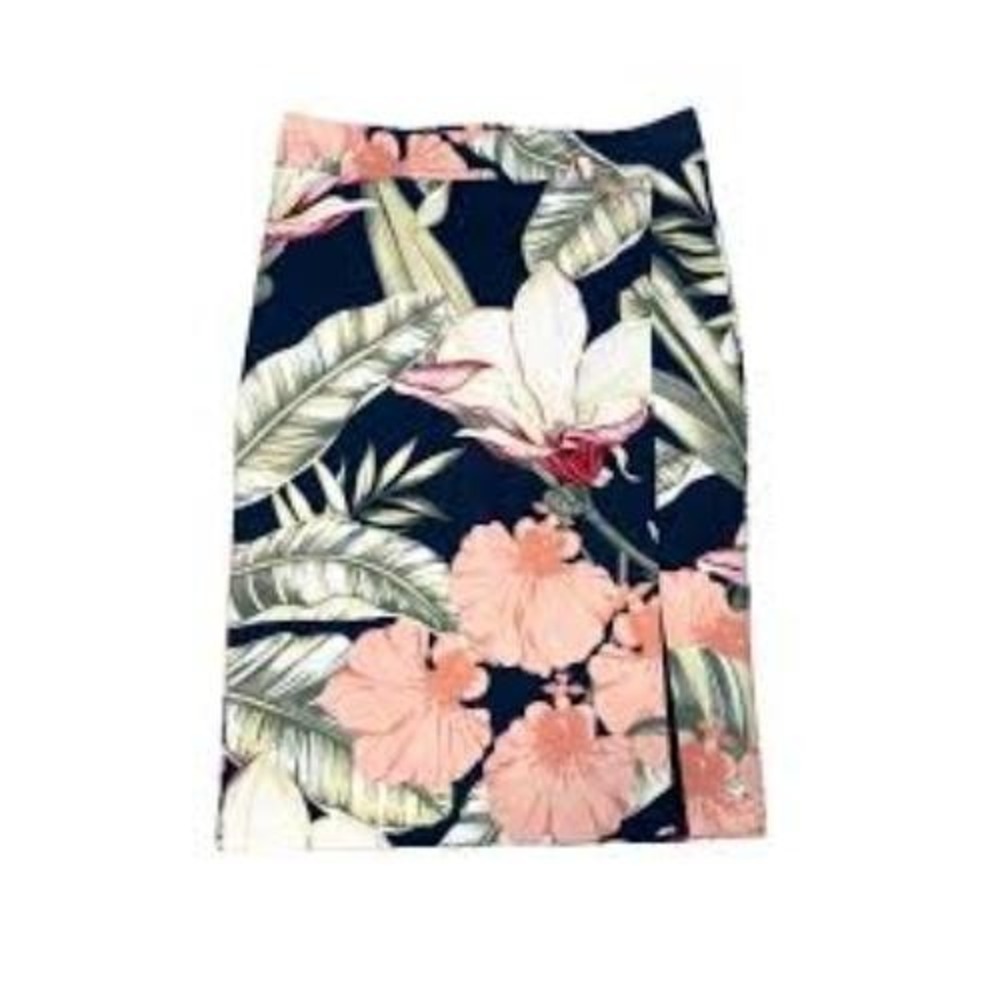 Ann Taylor Pencil Skirt Women's Size 0P Navy Tropical Floral Vented Back Zip